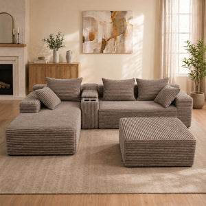 English Elm 144 Inch Corduroy Modular Sectional Deep Seat U Shape Sofa with Storage for Living Rooms T6117S00011