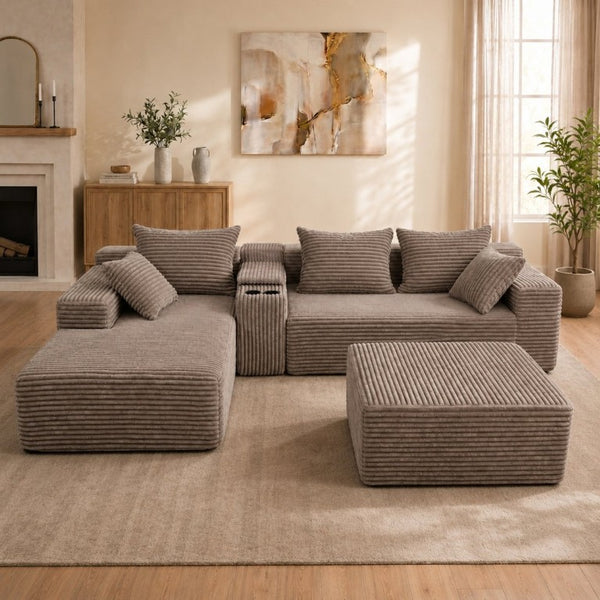 English Elm 144 Inch Corduroy Modular Sectional Deep Seat U Shape Sofa with Storage for Living Rooms T6117S00011