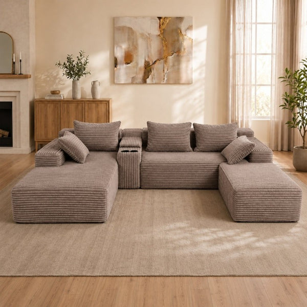 English Elm 144 Inch Corduroy Modular Sectional Deep Seat U Shape Sofa with Storage for Living Rooms T6117S00011