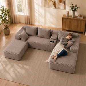 English Elm Advanced Corduroy Modular Sectional Deep Seat U Shape Sofa with Storage for Living Rooms T6117S00012