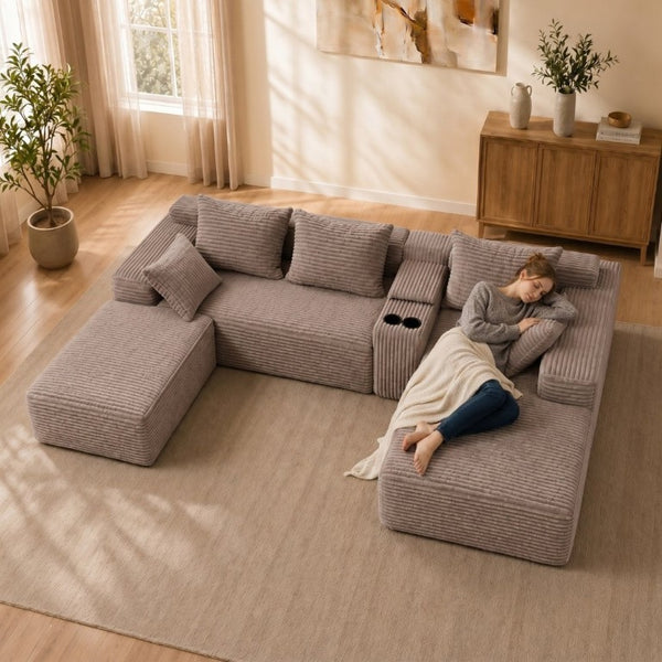 English Elm Advanced Corduroy Modular Sectional Deep Seat U Shape Sofa with Storage for Living Rooms T6117S00012