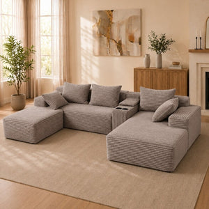 English Elm Advanced Corduroy Modular Sectional Deep Seat U Shape Sofa with Storage for Living Rooms T6117S00012