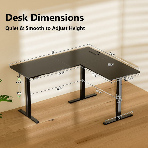 English Elm 63×55 L-Shaped Corner Standing Desk with Memory Presets and Embedded Power Outlet Black T6172P520298