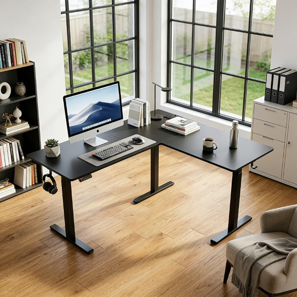English Elm 63×55 L-Shaped Corner Standing Desk with Memory Presets and Embedded Power Outlet Black T6172P520298
