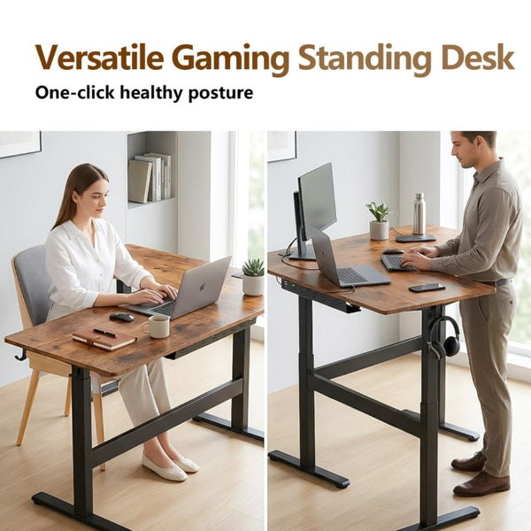 English Elm 63×55 L-Shaped Corner Standing Desk with Memory Presets and Embedded Power Outlet Brown T6172P520377