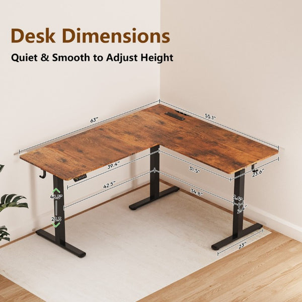 English Elm 63×55 L-Shaped Corner Standing Desk with Memory Presets and Embedded Power Outlet Brown T6172P520377