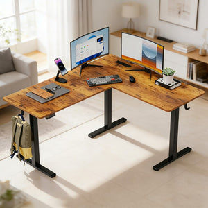 English Elm 63×55 L-Shaped Corner Standing Desk with Memory Presets and Embedded Power Outlet Brown T6172P520377