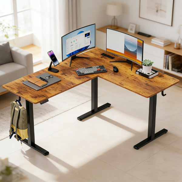 English Elm 63×55 L-Shaped Corner Standing Desk with Memory Presets and Embedded Power Outlet Brown T6172P520377