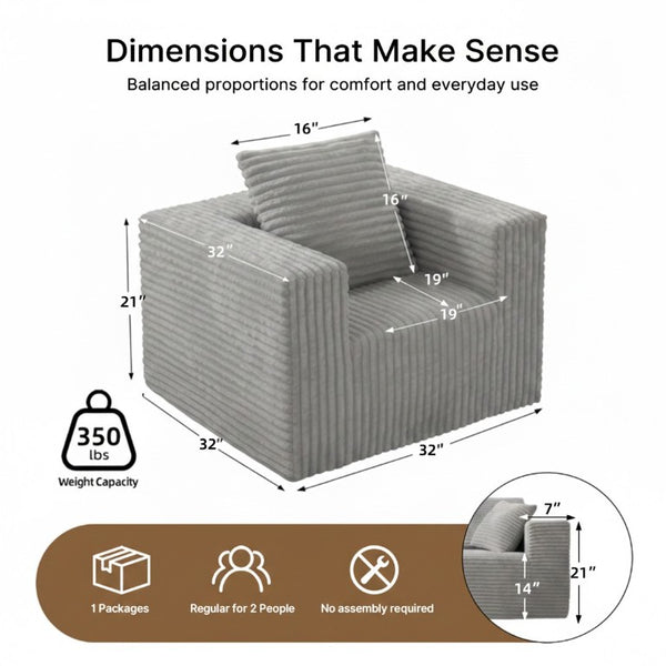 English Elm Small Corduroy Floor Chair Memory Foam Pocket Spring Accent Seat for Reading Nooks Light Grey T6200P525943