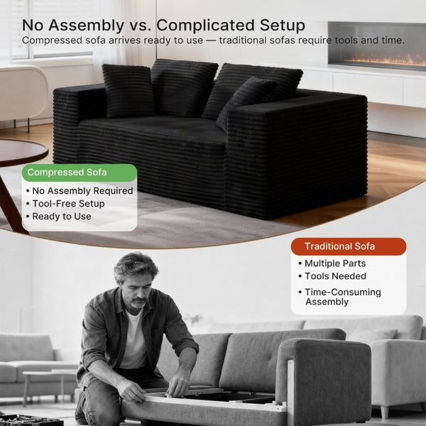 English Elm 2-Seater Frameless Corduroy Cloud Sofa Deep Foam Seat for Modern Living Rooms Black T6200P525950