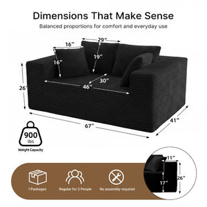 English Elm 2-Seater Frameless Corduroy Cloud Sofa Deep Foam Seat for Modern Living Rooms Black T6200P525950