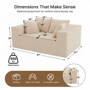 English Elm 2-Seater Frameless Corduroy Cloud Sofa Deep Foam Seat for Modern Living Rooms Beige T6200P525951