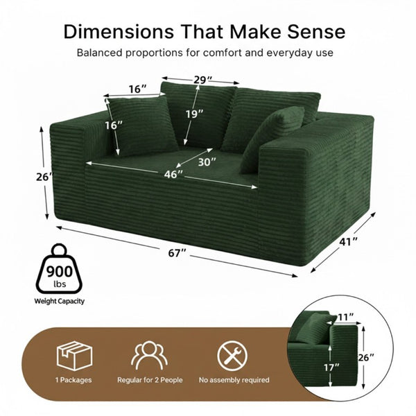 English Elm 2-Seater Frameless Corduroy Cloud Sofa Deep Foam Seat for Modern Living Rooms Green T6200P525953