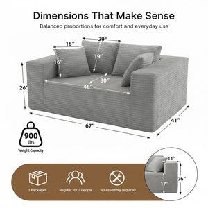 English Elm 2-Seater Frameless Corduroy Cloud Sofa Deep Foam Seat for Modern Living Rooms Light Grey T6200P525954