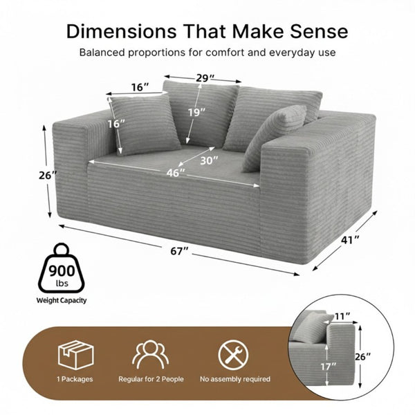 English Elm 2-Seater Frameless Corduroy Cloud Sofa Deep Foam Seat for Modern Living Rooms Light Grey T6200P525954