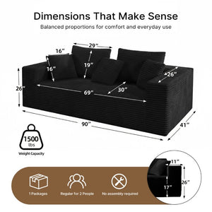 English Elm Boneless Cloud Sofa Deep Seat Memory Foam Corduroy Lounge Couch for Living Room Black T6200P525955