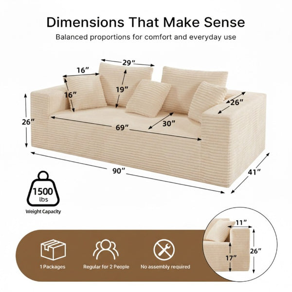 English Elm Boneless Cloud Sofa Deep Seat Memory Foam Corduroy Lounge Couch for Living Room Beige T6200P525956