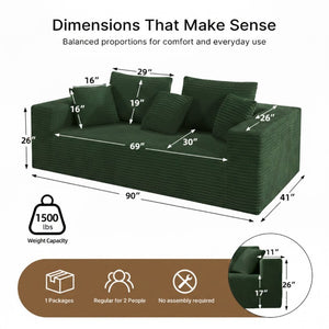 English Elm Boneless Cloud Sofa Deep Seat Memory Foam Corduroy Lounge Couch for Living Room Green T6200P525958