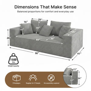 English Elm Boneless Cloud Sofa Deep Seat Memory Foam Corduroy Lounge Couch for Living Room Light Grey T6200P525959
