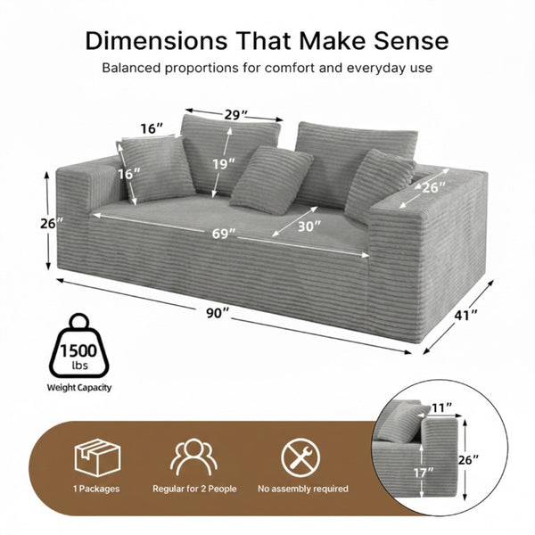 English Elm Boneless Cloud Sofa Deep Seat Memory Foam Corduroy Lounge Couch for Living Room Light Grey T6200P525959