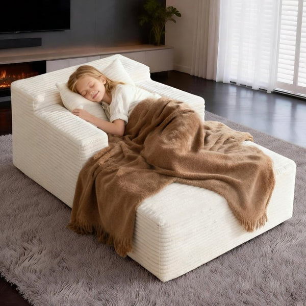 English Elm 45.6Small Corduroy Floor Daybed with Memory Foam Deep Seat for Bedroom Lounge Areas Beige T6200P525961