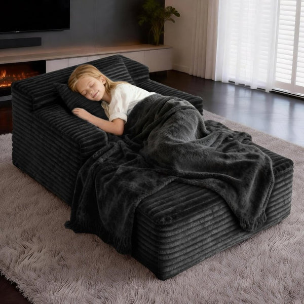 English Elm 45.6Small Corduroy Floor Daybed with Memory Foam Deep Seat for Bedroom Lounge Areas Black T6200P525964