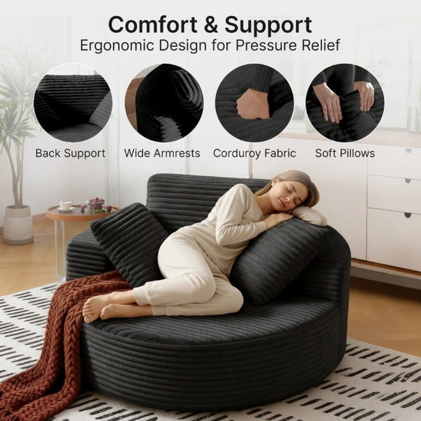English Elm 55 Inch Oversized Round Corduroy Lounge Chair Foam Filled Accent Seat for Bedroom T6200P526854