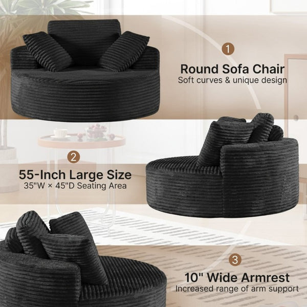 English Elm 55 Inch Oversized Round Corduroy Lounge Chair Foam Filled Accent Seat for Bedroom T6200P526854