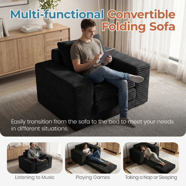 English Elm Single Corduroy Sleeper Sofa Compact Pull Out Bed for Studios Dorms and Guest Rooms Black T6200P526857
