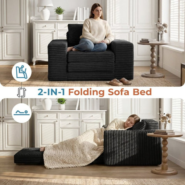 English Elm Single Corduroy Sleeper Sofa Compact Pull Out Bed for Studios Dorms and Guest Rooms Black T6200P526857