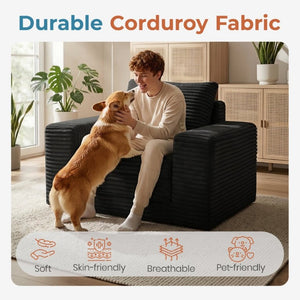 English Elm Single Corduroy Sleeper Sofa Compact Pull Out Bed for Studios Dorms and Guest Rooms Black T6200P526857