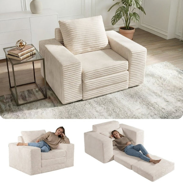 English Elm Single Corduroy Sleeper Sofa Compact Pull Out Bed for Studios Dorms and Guest Rooms Beige T6200P526858