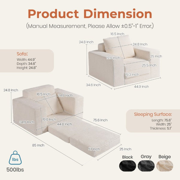English Elm Single Corduroy Sleeper Sofa Compact Pull Out Bed for Studios Dorms and Guest Rooms Beige T6200P526858