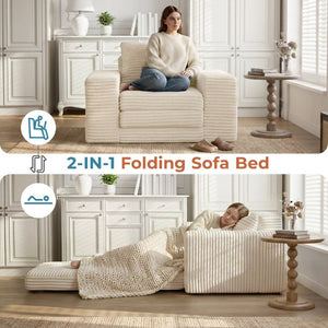 English Elm Single Corduroy Sleeper Sofa Compact Pull Out Bed for Studios Dorms and Guest Rooms Beige T6200P526858