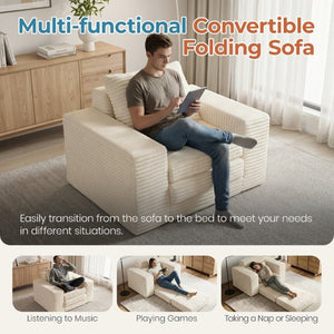 English Elm Single Corduroy Sleeper Sofa Compact Pull Out Bed for Studios Dorms and Guest Rooms Beige T6200P526858