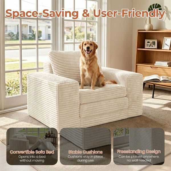 English Elm Single Corduroy Sleeper Sofa Compact Pull Out Bed for Studios Dorms and Guest Rooms Beige T6200P526858