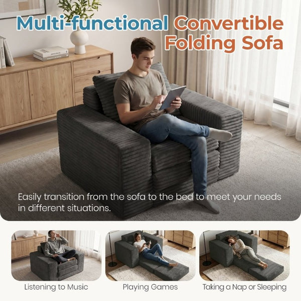 English Elm Single Corduroy Sleeper Sofa Compact Pull Out Bed for Studios Dorms and Guest Rooms Dark Grey T6200P526859