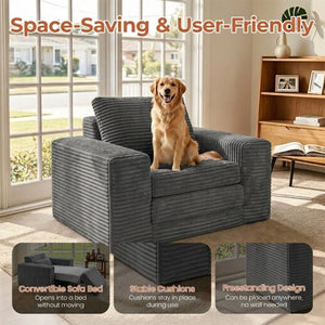 English Elm Single Corduroy Sleeper Sofa Compact Pull Out Bed for Studios Dorms and Guest Rooms Dark Grey T6200P526859