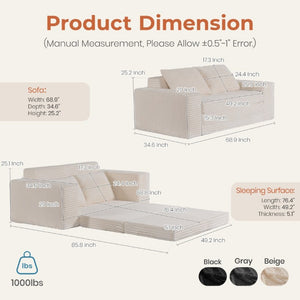 English Elm Two-Seater Foam Folding Sleeper Loveseat for Studios Guest Rooms and Dorm Spaces Beige T6200P526861