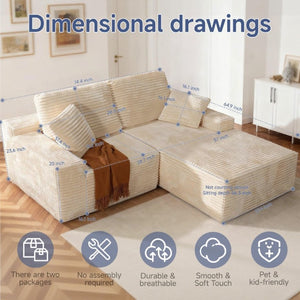 English Elm 75 Inch Cloud Sectional Sofa Corduroy Upholstered Memory Foam Chaise for Modern Living Right Facing T6200P527358