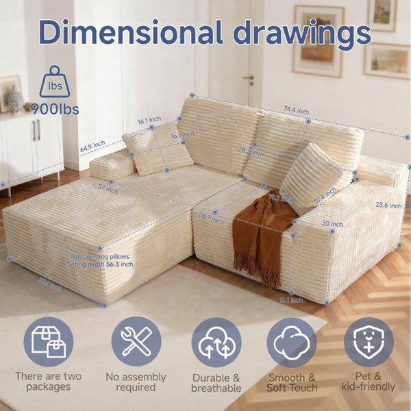 English Elm 75 Inch Cloud Sectional Sofa Corduroy Upholstered Memory Foam Chaise for Modern Living Left Facing T6200P527360