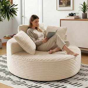 English Elm 55 Inch Round Corduroy Floor Lounge Chair Deep Seat Wraparound Backrest with Memory Foam Pillows Beige T6200P542178