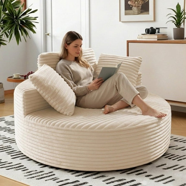 English Elm 55 Inch Round Corduroy Floor Lounge Chair Deep Seat Wraparound Backrest with Memory Foam Pillows Beige T6200P542178