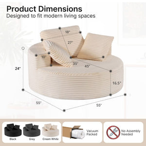 English Elm 55 Inch Round Corduroy Floor Lounge Chair Deep Seat Wraparound Backrest with Memory Foam Pillows Beige T6200P542178