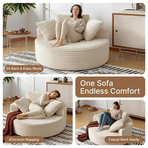 English Elm 55 Inch Round Corduroy Floor Lounge Chair Deep Seat Wraparound Backrest with Memory Foam Pillows Beige T6200P542178