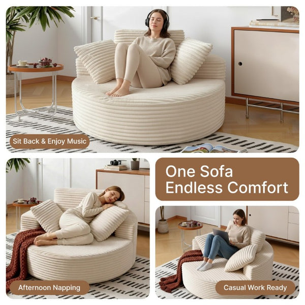 English Elm 55 Inch Round Corduroy Floor Lounge Chair Deep Seat Wraparound Backrest with Memory Foam Pillows Beige T6200P542178
