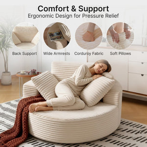 English Elm 55 Inch Round Corduroy Floor Lounge Chair Deep Seat Wraparound Backrest with Memory Foam Pillows Beige T6200P542178