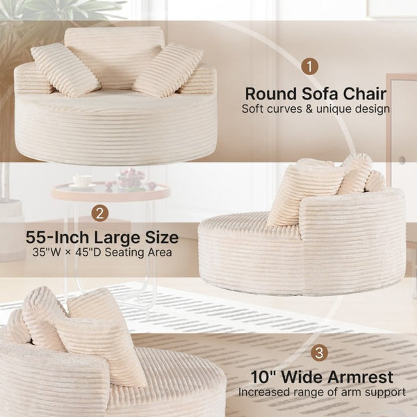 English Elm 55 Inch Round Corduroy Floor Lounge Chair Deep Seat Wraparound Backrest with Memory Foam Pillows Beige T6200P542178