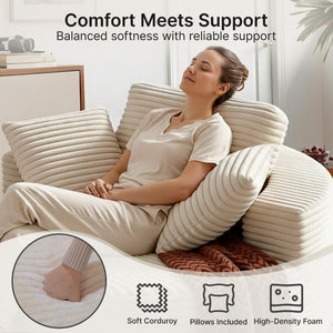 English Elm 55 Inch Round Corduroy Floor Lounge Chair Deep Seat Wraparound Backrest with Memory Foam Pillows Beige T6200P542178