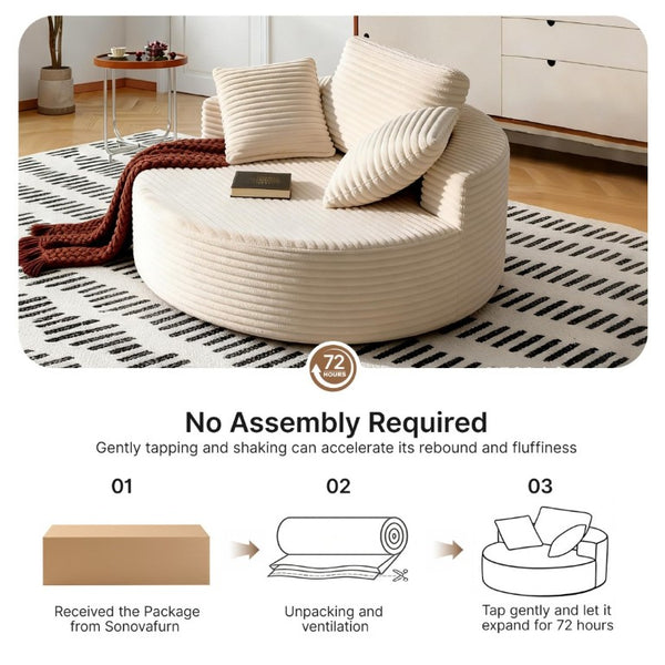 English Elm 55 Inch Round Corduroy Floor Lounge Chair Deep Seat Wraparound Backrest with Memory Foam Pillows Beige T6200P542178